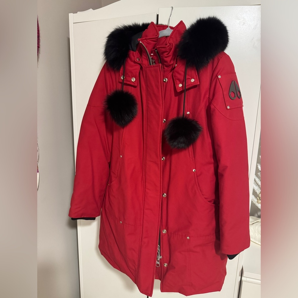 Moose Knuckles Women's Stirling Parka with Fur Trim Hood, Deep Red, Medium.